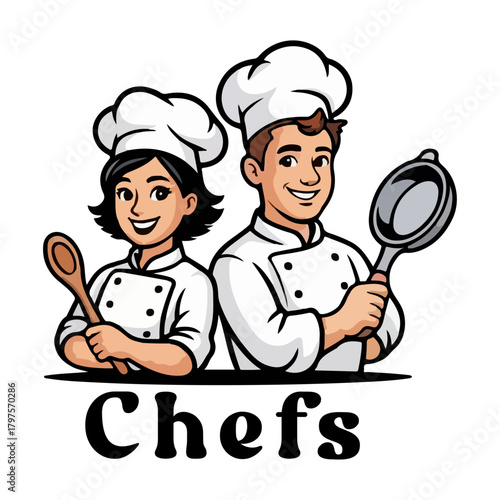 Cooking Chef Man and Woman, Cartoon vector illustration of a professional woman chef in a uniform and hat, cooking a delicious meal in a restaurant kitchen with a spoon.