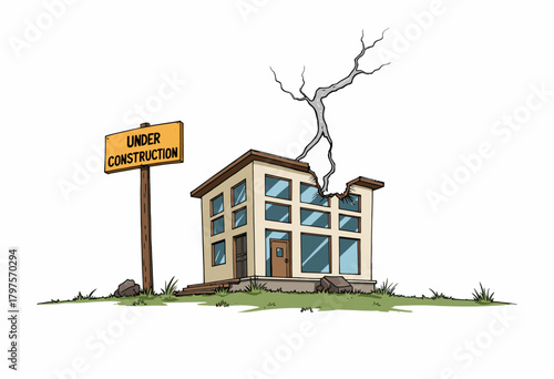 Illustration of a partially constructed building with a significant crack and a nearby sign indicating ongoing construction work