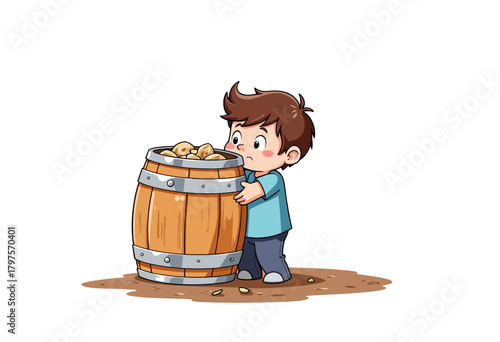Curious Child Explores a Large Wooden Barrel Filled with Potatoes on a Brown Earthen Floor in a Whimsical Illustration