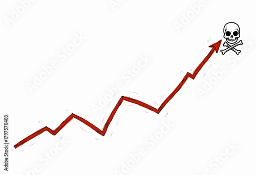 Illustration of a Zigzagging Red Arrow Graph Ending with a Skull and Crossbones Symbolizing Potentially Dangerous Financial Growth or Risky Market Trends