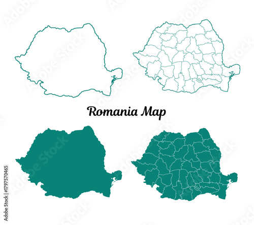 Romania Teal Map Outlines on White, Geographical Set