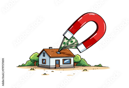 Magnet Attracts Money into Small House Symbolizing Financial Growth Investment and Economic Prosperity in Real Estate