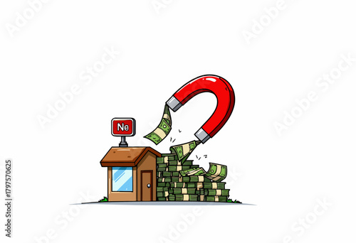 Illustration of a magnet attracting stacks of dollar bills towards a small building representing finance or business concept