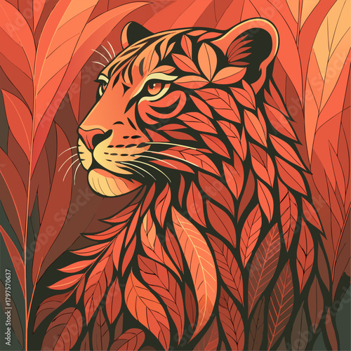 Tiger - Panthera tigris - Bold Leaf-Patterned Tiger Portrait Featuring Warm Autumn Tones and Strong Expressive Wildlife Presence