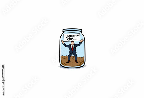 Illustration of a Businessman Trapped in a Jar Representing Financial Liquidity Crisis and Economic Struggles with Limited Access to Capital and Resources
