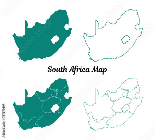 South Africa Teal Maps Set on White, Political Geography