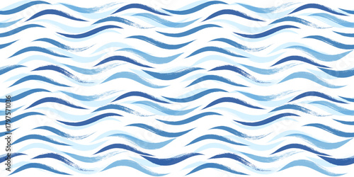 Waves seamless pattern. Blue wavy stripes, sea background. Hand drawn watercolor brush strokes. curly paint lines, vector illustration