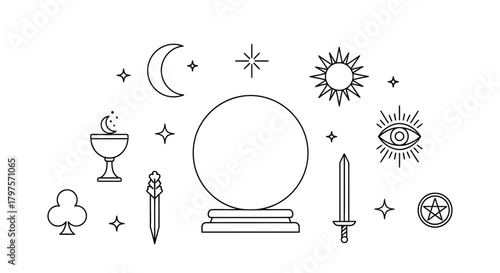 Fortune telling symbols astrology and tarot card line art icon