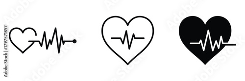 Heart beat pulse cardiogram wave icon, pulse silhouette, pulse icon set. Heart, pulse rate icon. Heartbeat, heart line . Heart rhythm. Cardiogram line icon.