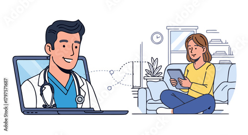 A doctor appears on a laptop screen, consulting with a woman sitting on a sofa at home, using a tablet for a virtual appointment.