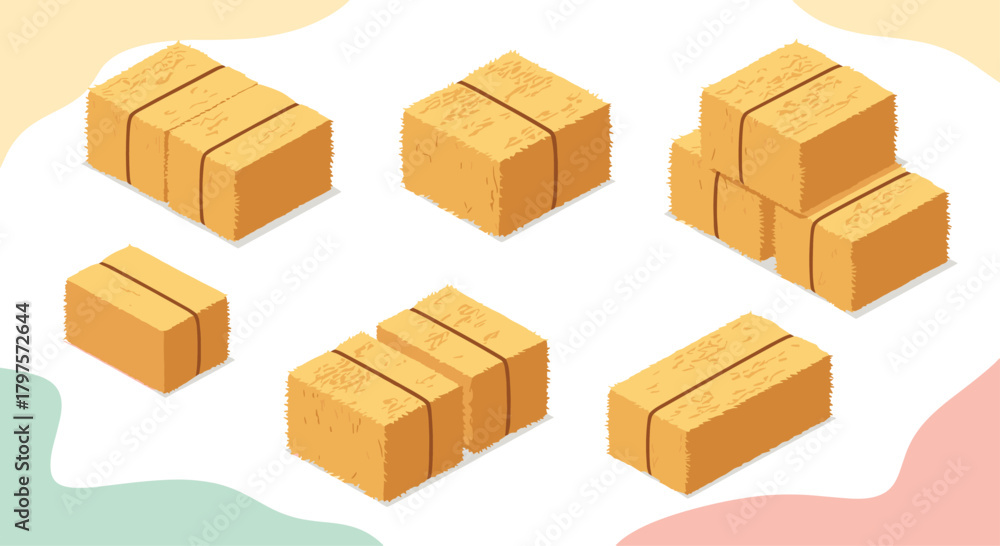 Fototapeta premium Bales of hay in isometric view, perfect for agriculture, farming, or autumn harvest themed designs and creative projects this season