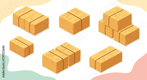 Bales of hay in isometric view, perfect for agriculture, farming, or autumn harvest themed designs and creative projects this season