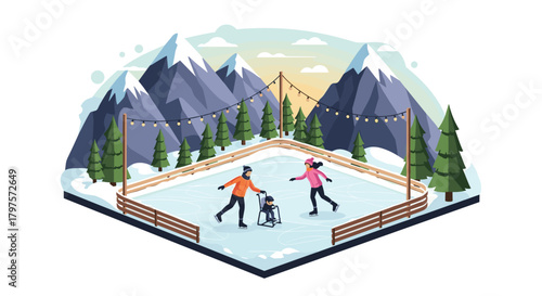 Joyful family ice skating on an outdoor rink surrounded by snowy mountains and twinkling lights for a perfect winter day of fun and togetherness