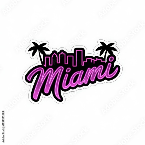 A colorful representation of Miamis skyline features bold lettering and palm trees. Ideal for capturing the essence of the city, this design highlights Miamis vibrant culture and nightlife.