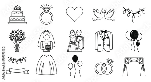 Wedding icons vector set outline style marriage celebration love