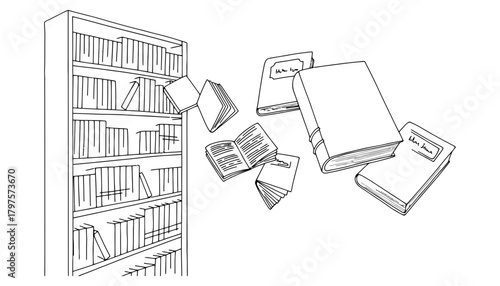 Bookshelf with flying books vector illustration drawing design
