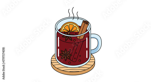 A cup of warm, spiced mulled wine with cinnamon and orange slice during chilly winter evenings, perfect for holidays and festive occasions