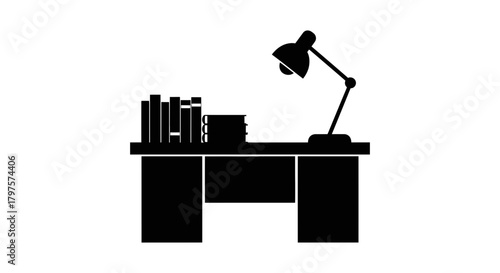 Black and white desk books and lamp vector graphic design