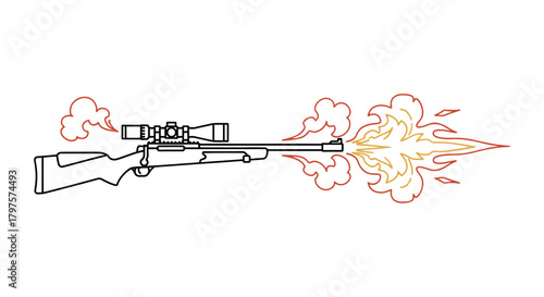 Sniper rifle firing vector illustration with scope and flames