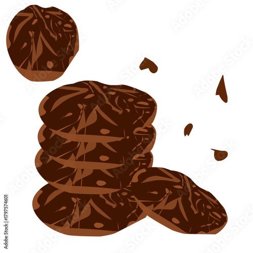 coffee beans and chocolate,A stack of dark chocolate cookies with a patterned, mocha-like or marbled design, featuring scattered crumbs on a white background.