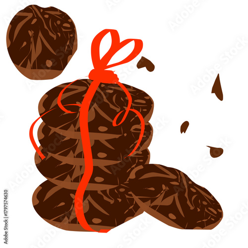illustration of chocolate candy,A stack of dark patterned chocolate cookies tied with a bright red ribbon and bow, with scattered crumbs on a white background.