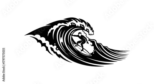 Surfing wave vector illustration black and white design art