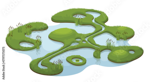 Peaceful marshland illustration perfect for nature studies or tranquil game design, the unique topography inspires creativity and exploration