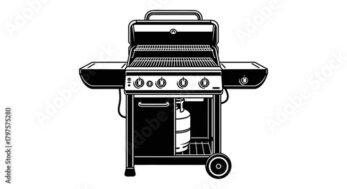 Black and white vector illustration of a gas grill barbecue
