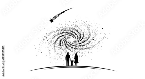 Family stargazing silhouette under galaxy with shooting star