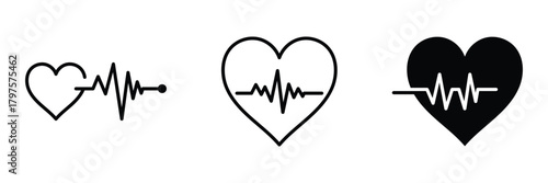 Cardiology heart pulse vector. Heart health monitor icon. Pulse black outline for web site design 
and mobile dark mode. Elegant heart silhouette with pulse rhythm, ideal for cardiology concepts.