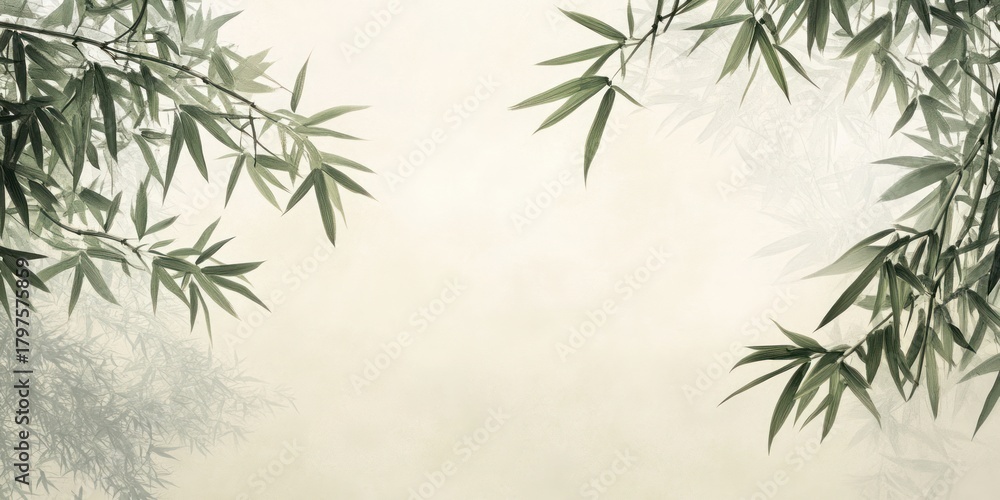 Obraz premium Misty bamboo leaves frame a pale background