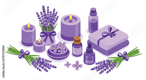 A calming spa experience with lavender scented candles, oils, and soft towels perfect for promoting relaxation and enhancing wellness