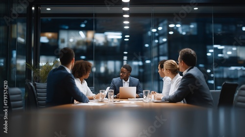 A diverse team of lawyers gathered around a sleek conference table in a glass-walled office, collaborating on digital case files displayed on tablets and laptops — a powerful representation of