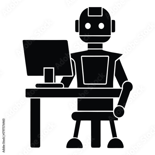 AI Robot Working at Trading Computer Silhouette