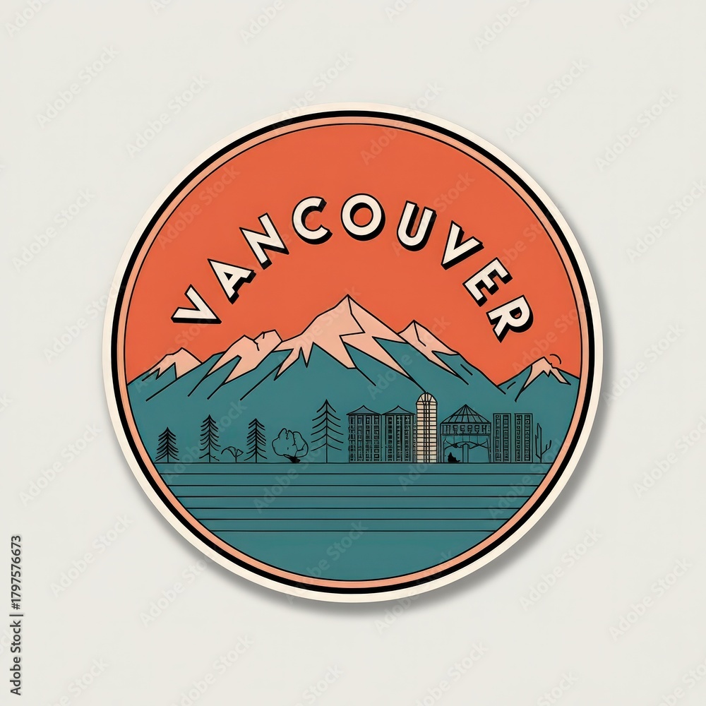 Obraz premium This vibrant sticker features a scenic view of Vancouver, showcasing mountains, trees, and buildings. It highlights the beauty of both nature and urban life in a circular design.