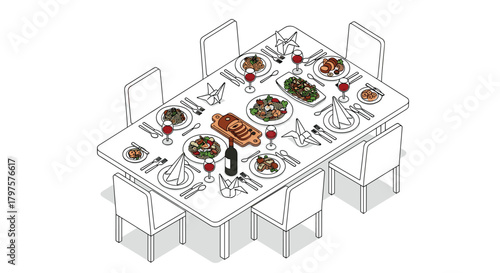 Elegant dinner party table setting with wine and delicious food ready to serve for family gathering or celebration, perfect for lifestyle visuals