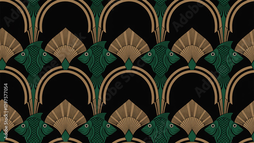 Seamless Art Deco pattern with luxurious emerald fish and golden sunbursts on black background, geometric 1920s style, symmetrical, decorative, elegant, continuous repeat design.