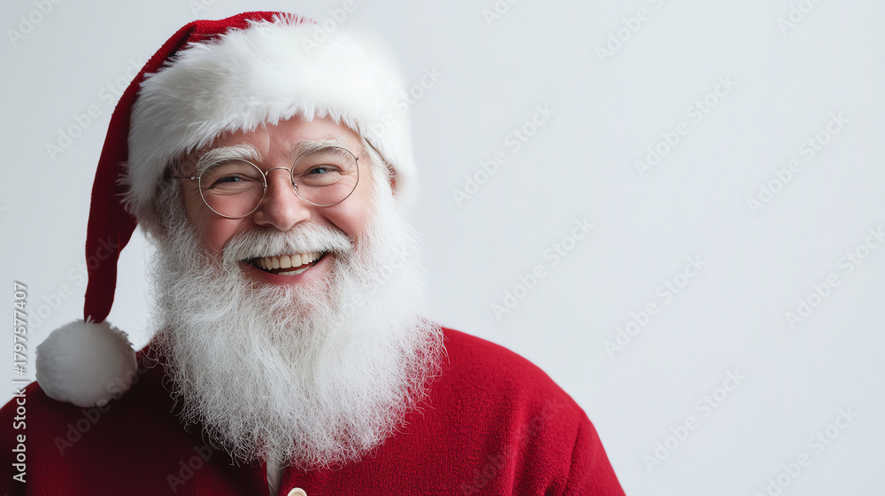 Naklejka premium Modern Santa in red suit, clean white backdrop, smiling, minimal studio lighting
