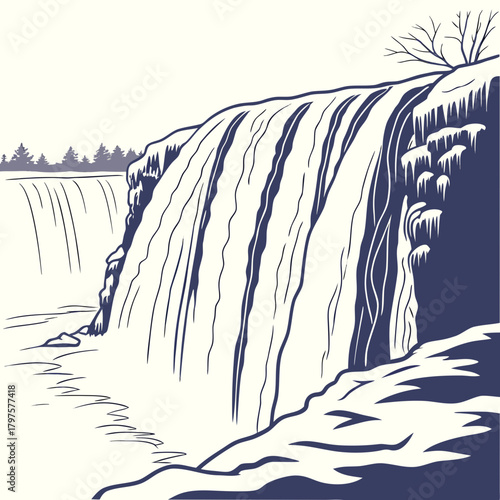 Illustration of a waterfall cascading over rocks, trees on the horizon