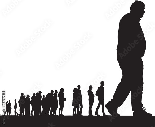 High-contrast black-and-white silhouette composition featuring a dominant solitary male figure with a dynamic crowd background, creating bold graphic minimalist visual impact.