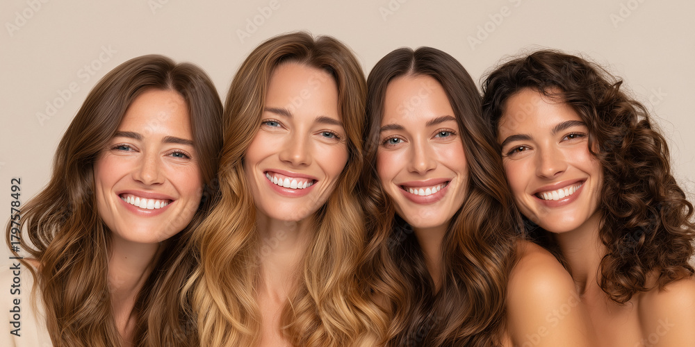 Obraz premium A group of four beautiful, diverse adult women with long, flowing brown hair, smiling genuinely and confidently at the camera, promoting beauty, health, and authentic female friendship