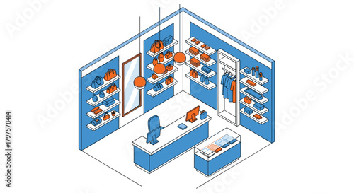 Chic boutique interior design showcasing fashion accessories and apparel in a modern retail space with stylish display shelves and lighting