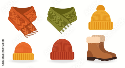 A collection of winter clothing items including orange and green scarves, yellow and orange knit hats, and a brown boot with fur trim, displayed on a white background.