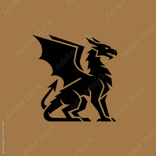 Stylized black silhouette of a mythical dragon creature with wings on a solid brown background, depicted in a geometric and angular art style.