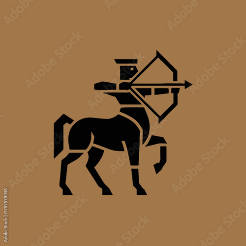 Stylized centaur archer logo in black on a brown background.