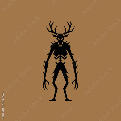 A menacing silhouette of a creature with deer antlers, a skeletal torso, and sharp protrusions.