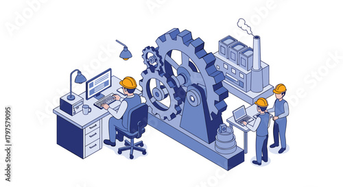 Skilled engineers collaborate to design innovative factory automation solutions with gears, offering streamlined efficiency and modern manufacturing