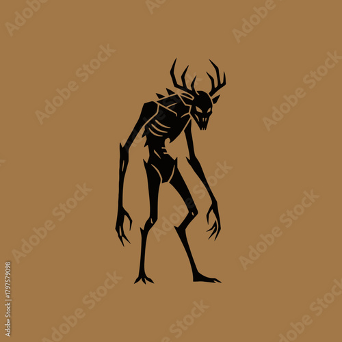 Silhouette of a creepy, skeletal creature with antlers standing on a brown background.