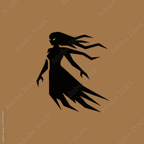 A dark, stylized silhouette of a ghostly female figure with multiple arms and glowing eyes, against a solid brown background, depicting a supernatural entity.