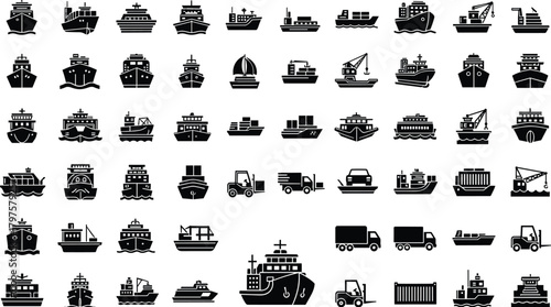 Cargo ship ferry transport icons set with logistics trucks forklifts container vessels marine shipping industry boat collection symbols